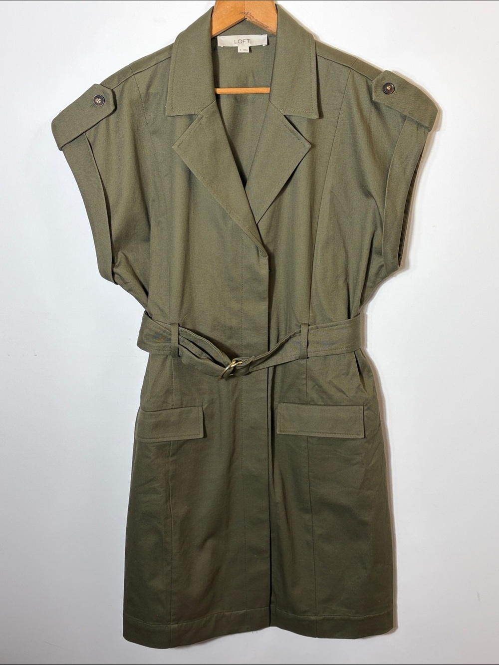LOFT Olive Green Utility Safari Belted Midi Shirt Dress Cotton Size 8